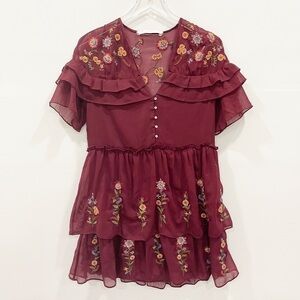 Zara Embroidered Flower Layered Flounce Button Front Dress Blogger Favorite S